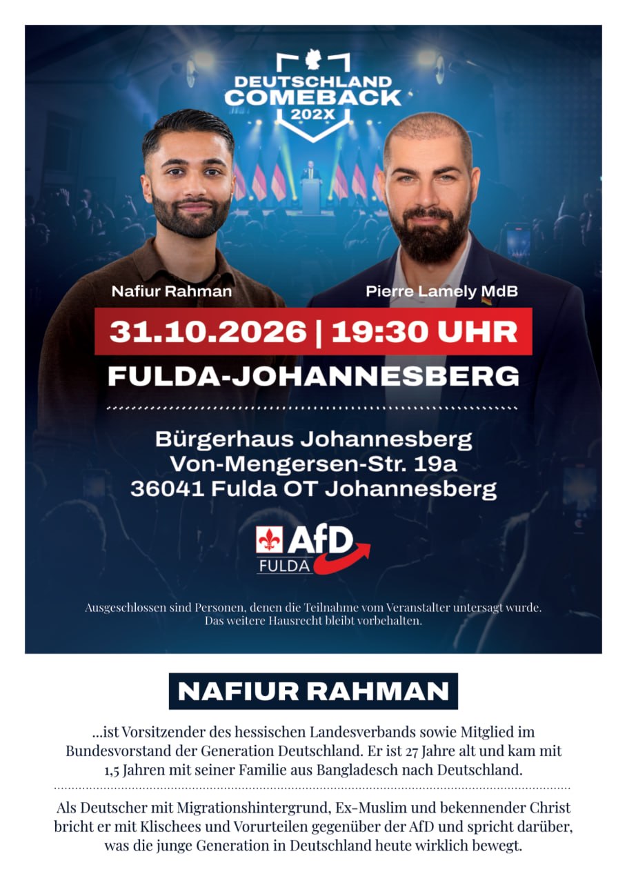 "Deutschland Comeback 202X": AfD-Bürgerdialog mit Nafiur Rahman und Pierre Lamely